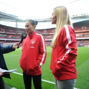 Rachel Yankey and Anouk Hoogendijk of the Arsenal Ladies are interviewed before the match Rachel Yankey and Anouk Hoogendijk of the Arsenal Ladies are interviewed before the match