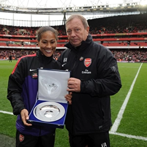 Rachel Yankey (Arsenal Ladies) presented with a token of reaching Englands record caps by Vic Akers