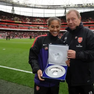 Rachel Yankey (Arsenal Ladies) presented with a token of reaching Englands record caps by Vic Akers