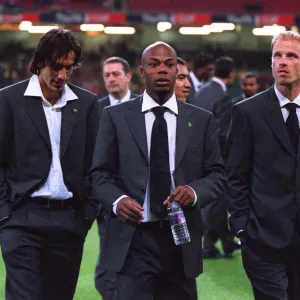 Robert Pires, Sylvain Wiltord and Dennis Bergkamp (Arsenal) in their Cup Final Suits before the matc