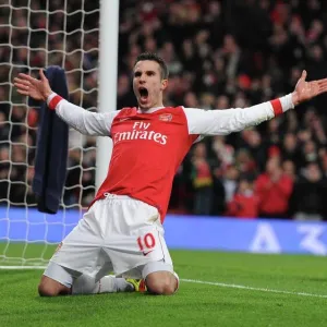 Robin van Persie celebrates scoring the 2nd Arsenal goal. Arsenal 3: 0 Wigan Athletic