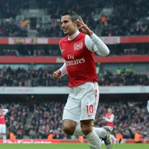 Robin van Persie celebrates scoring Arsenals 6th goal his 3rd. Arsenal 7: 1 Blackburn Rovers