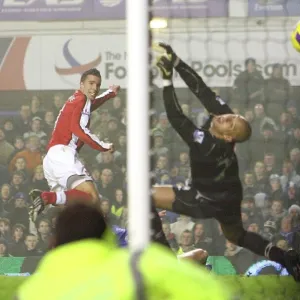 Robin van Persie shoots past Everton goalkeeper Tim