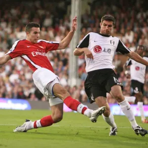 Print of Robin van Persie scoring against Fulham in the Premier League Print of Robin van Persie scoring against Fulham in the Premier League