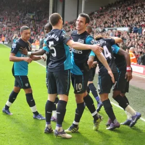 Robin van Persie and Thomas Vermaelen Celebrate Arsenal's Goals Against Liverpool (2011-12)