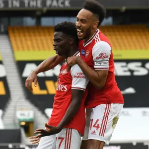 Saka and Aubameyang Celebrate Arsenal's First Goal Against Wolverhampton Wanderers (2019-20)