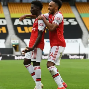 Saka and Aubameyang Celebrate Goal: Wolverhampton Wanderers vs. Arsenal FC, Premier League 2019-2020