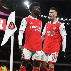 Saka and Martinelli Celebrate First Arsenal Goal Against Everton in 2022-23 Premier League