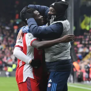 Saka and Pepe Celebrate Arsenal's Victory: Watford vs Arsenal, Premier League 2021-22 Saka and Pepe Celebrate Arsenal's Victory: Watford vs Arsenal, Premier League 2021-22