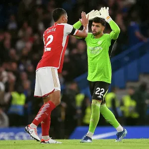 Saliba and Raya Share a Moment: Chelsea vs. Arsenal, Premier League 2023-24