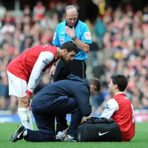 Samir Nasri (Arsenal) is treated by physio Colin Lewin as Cesc Fabregas Samir Nasri (Arsenal) is treated by physio Colin Lewin as Cesc Fabregas