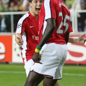 Samir Nasri celebrates with Emmanuel Adebayor (Arsenal)