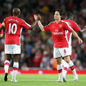 Samir Nasri celebrates scoring Arsenals 1st goal with William Gallas