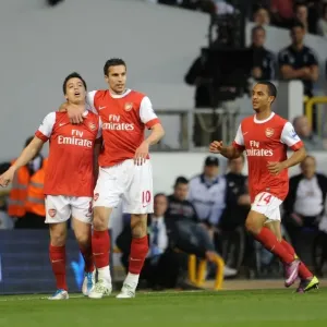 Samir Nasri celebrates scoring Arsenals 2nd goal with Theo Walcott