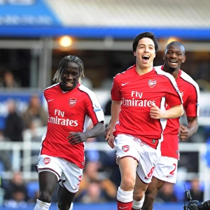 Samir Nasri shoots celebrates scoring the Arsenal goal with Bacary Sagna and Abou Diaby