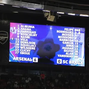 The scoreboard shows the final score. Arsenal 6: 0 SC Braga, UEFA Champions League The scoreboard shows the final score. Arsenal 6: 0 SC Braga, UEFA Champions League