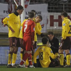 Sebastien Squillaci is treated by Arsenal physio Colin Lewin. Leyton Orient 1: 1 Arsenal Sebastien Squillaci is treated by Arsenal physio Colin Lewin. Leyton Orient 1: 1 Arsenal