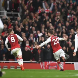 Shkodran Mustafi celebrates scoring Arsenals 1st goal. Arsenal 2: 0 Tottenham Hotspur