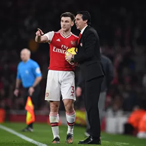 Strategic Talk: Unai Emery and Kieran Tierney at Emirates Stadium during Arsenal vs Southampton Match, 2019