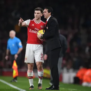 Strategic Talk: Unai Emery and Kieran Tierney at Emirates Stadium during Arsenal vs Southampton Match, 2019 Strategic Talk: Unai Emery and Kieran Tierney at Emirates Stadium during Arsenal vs Southampton Match, 2019
