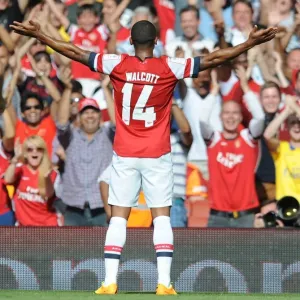 Theo Walcott celebrates scoring Arsenals goal. Arsenal 1: 2 Galatasaray. Emirates Cup Day Two