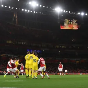 Theo Walcott Takes a Free Kick for Arsenal against BATE Borisov in the Europa League
