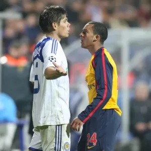Theo Walcott vs. Ognjen Vukojevic: Intense Moment in Arsenal's 1-1 Battle with Dynamo Kiev, UEFA Champions League, Group G, Valeri Lobanovski Stadium, Kiev, 2008