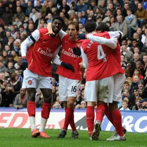 Theo Walcott's Dramatic Double: A Celebration with Flamini, Fabregas, and Adebayor Theo Walcott's Dramatic Double: A Celebration with Flamini, Fabregas, and Adebayor