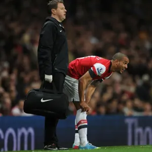 Theo Walcott's Injury: Colin Lewin Tends to Arsenal Star during Arsenal v Everton Match (2012-13)