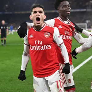 Torreira and Bellerin Celebrate Arsenal's Winning Goal Against Chelsea (2019-20)