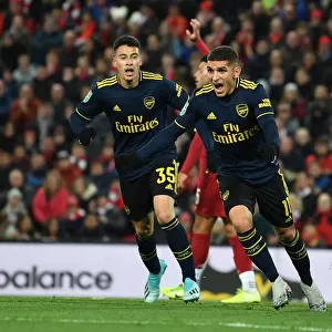 Torreira and Martinelli Celebrate Arsenal's First Goal Against Liverpool in Carabao Cup