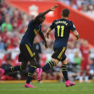 Torreira and Pepe Celebrate Goal: Liverpool vs. Arsenal, 2019-20 Premier League Torreira and Pepe Celebrate Goal: Liverpool vs. Arsenal, 2019-20 Premier League
