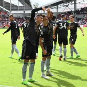 Triumphant Moment: Fabio Vieira and Gabriel Martinelli Celebrate Their Goals for Arsenal at Brentford (2022-23) Triumphant Moment: Fabio Vieira and Gabriel Martinelli Celebrate Their Goals for Arsenal at Brentford (2022-23)