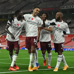 Triumphant Threesome: Aubameyang, Partey, and Lacazette's Goal Celebration - Manchester United vs Arsenal (2020-21) Triumphant Threesome: Aubameyang, Partey, and Lacazette's Goal Celebration - Manchester United vs Arsenal (2020-21)