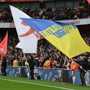 Ukraine Flag Waved at Arsenal vs. Leicester City Premier League Match, Emirates Stadium, London, England (2021-22) Ukraine Flag Waved at Arsenal vs. Leicester City Premier League Match, Emirates Stadium, London, England (2021-22)