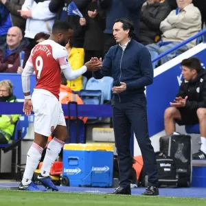 Unai Emery and Alex Lacazette: A Handshake at The King Power Stadium - Leicester City vs. Arsenal FC, Premier League 2018-19 Unai Emery and Alex Lacazette: A Handshake at The King Power Stadium - Leicester City vs. Arsenal FC, Premier League 2018-19