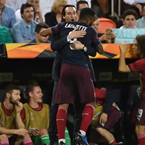 Unai Emery and Alexandre Lacazette Celebrate Arsenal's Europa League Semi-Final Goal Against Valencia