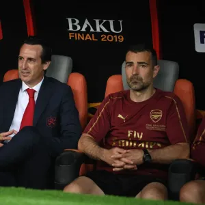 Unai Emery and Juan Carlos Carcedo, Arsenal's Head Coach and Assistant, before the Europa League Final against Chelsea, Baku 2019
