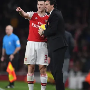 Unai Emery and Kieran Tierney: Strategic Talks on the Arsenal Touchline during Southampton Match Unai Emery and Kieran Tierney: Strategic Talks on the Arsenal Touchline during Southampton Match