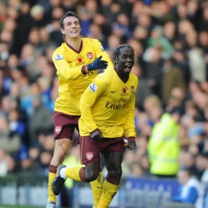 Unforgettable Arsenal Victory: Sagna and Squillaci's Goal Celebration vs. Everton (November 14, 2010)