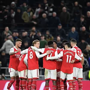 United in Determination: Arsenal's Half-Time Huddle vs. Tottenham Hotspur in the 2022-23 Premier League