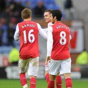 Vermaelen and Arsenal Celebrate Second Goal Against Wigan Athletic (2011-12)