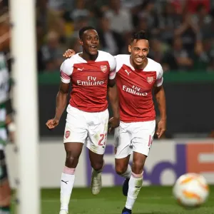 Welbeck and Aubameyang Celebrate Arsenal's Goal Against Sporting Lisbon in Europa League Welbeck and Aubameyang Celebrate Arsenal's Goal Against Sporting Lisbon in Europa League