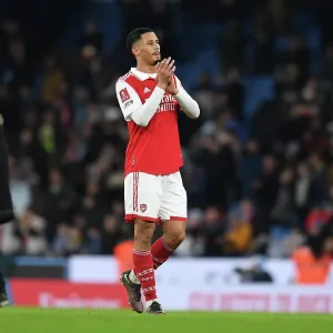 Arsenals William Saliba feiert den Sieg im FA-Cup gegen Manchester City Arsenals William Saliba feiert den Sieg im FA-Cup gegen Manchester City