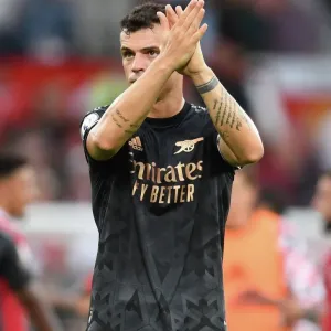 Xhaka Salutes Arsenal Fans: Manchester United vs Arsenal FC, Premier League 2022-23 - Old Trafford Xhaka Salutes Arsenal Fans: Manchester United vs Arsenal FC, Premier League 2022-23 - Old Trafford