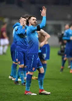AC Milan V Arsenal 2017-18 Prints: Aaron Ramsey Celebrates with Arsenal Fans after AC Milan Showdown in Europa League