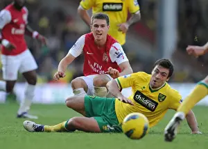 Norwich City V Arsenal 2011-12 Prints: Aaron Ramsey Tackles Russell Martin: Intense Moment from Norwich City vs
