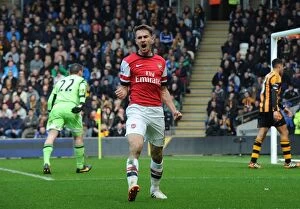 Images Dated 20th April 2014: Aaron Ramsey's Euphoric Goal Celebration: Hull City vs. Arsenal, Premier League 2013-2014