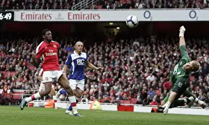 Abou Diaby (Arsenal) has his shot saved by Joe Hart (Birmingham)