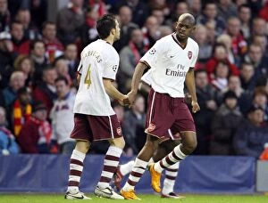 Liverpool v Arsenal - Champions League 2007-08 Collection: Abou Diaby celebrates scoring Arsenals 1st goal with Cesc Fabregas